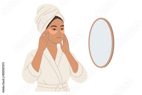 Woman applying moisturizing under eye patches while looking in mirror
