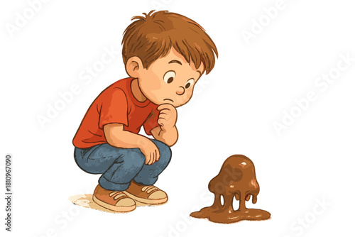 Curious boy crouching examining a small puddle of melting chocolate