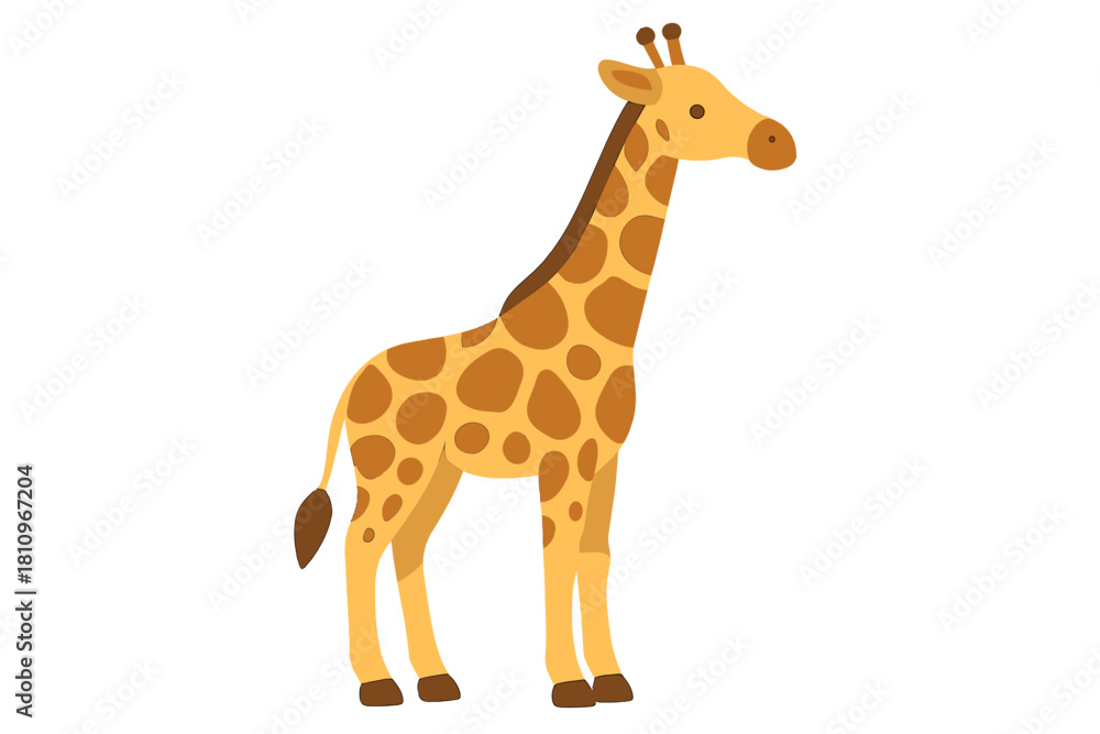 Fototapeta premium Cute cartoon giraffe standing profile view isolated on white background