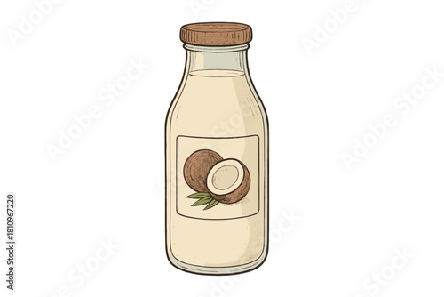 Glass bottle of creamy coconut milk with whole and halved fruit label