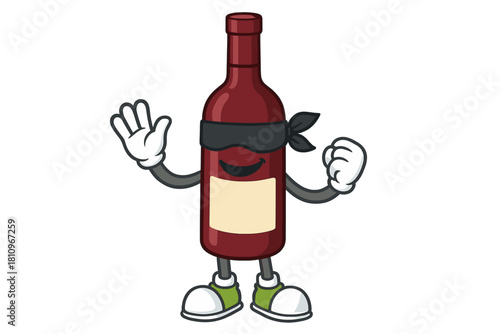 Cartoon wine bottle character wearing a black bandit mask and sneakers