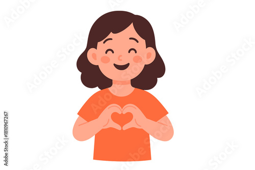 Happy young girl making heart shape gesture with hands on chest