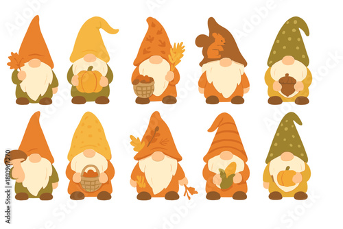 Charming autumn gnomes holding various seasonal harvest symbols