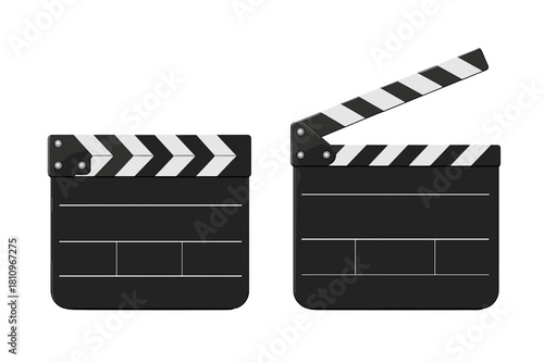 Two realistic film clapper boards, one closed and one open