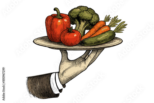 Waiter serving fresh vegetables on silver platter with manicured hand