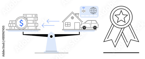 Scales with money on one side, house and car on the other, arrows showing balance. Adjacent award ribbon for achievement. Ideal for finance, investment, decision-making, equity value. Simple flat