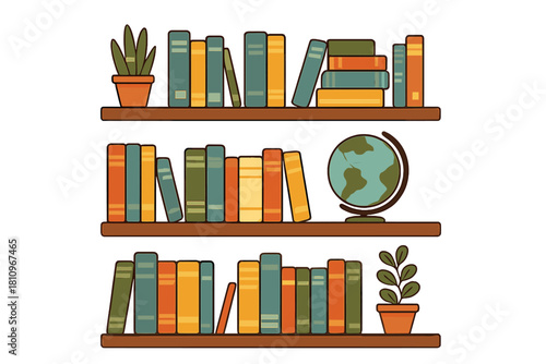 Vibrant books and potted greenery arranged on rustic wooden shelving unit