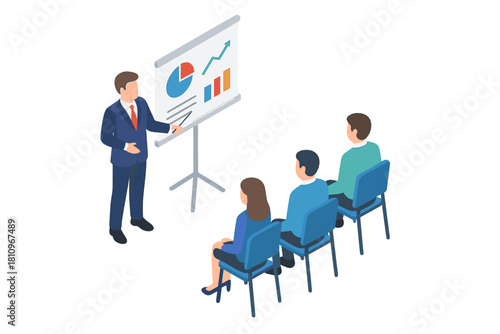 Businessman presenting financial charts to seated audience in modern setting