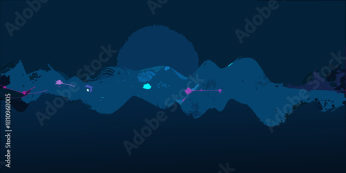 Abstract dark blue landscape with vibrant purple and cyan accents and a large circular shape in the background