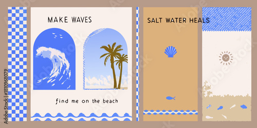 Retro beach collage with palm trees ocean waves seashells and sun illustrations