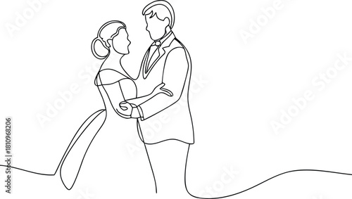One line drawing of a bride and groom dancing wedding