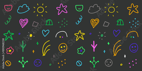 Colorful hand drawn doodles and icons on a dark background with a playful and whimsical style