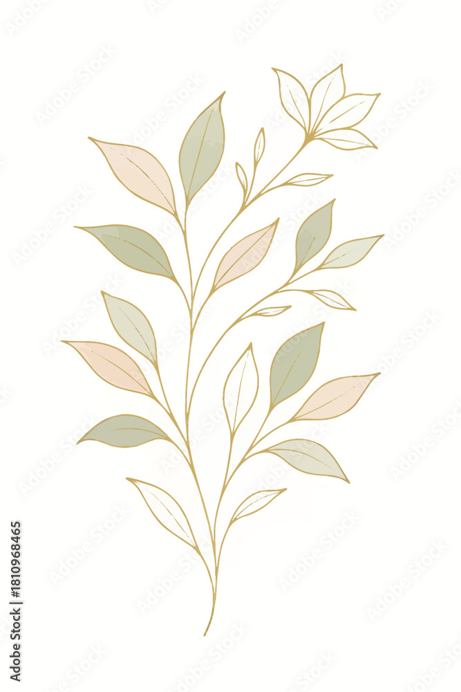 Fototapeta premium Delicate Golden Botanical Illustration of a Flowering Stem with Softly Colored Leaves