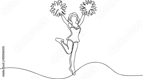 Cheerleader with Pom Poms One Line Drawing continuous line