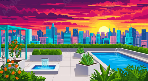 Vibrant Rooftop Oasis A Serene Urban Sunset with a Sparkling Pool and Lush Greenery Overlooking a Bustling Cityscape at Dusk