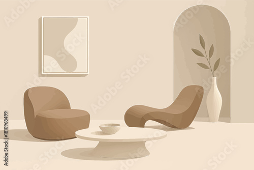 Modern minimalist living room interior design with comfortable seating and abstract art