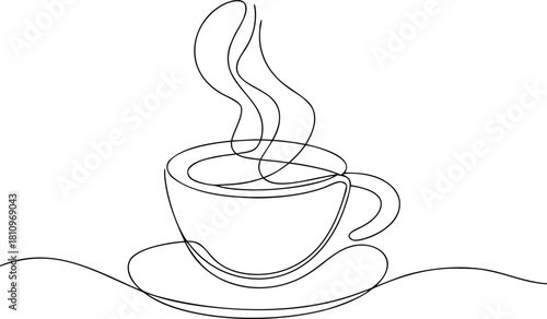 Single line drawing of steaming coffee cup on saucer