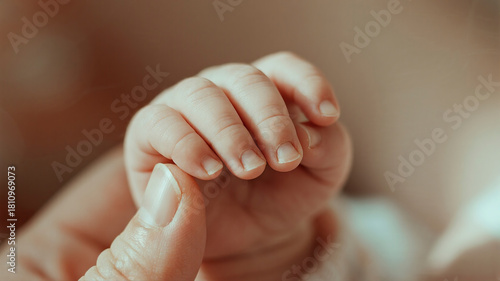 An abstract macro photograph focuses intensely on the small hand of a newborn baby gently gripping a faceless parent's finger symbolizing love and connection
