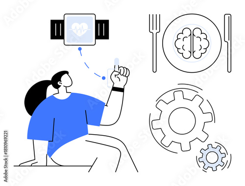 Woman seated using a wearable to monitor heart rate and activity. Brain on plate symbolizes nutrition, gears represent productivity. Ideal for wellness, technology, health, nutrition, self-tracking