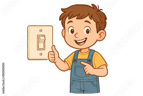 Cheerful child pointing to a wall light switch and showing thumbs up for conservation