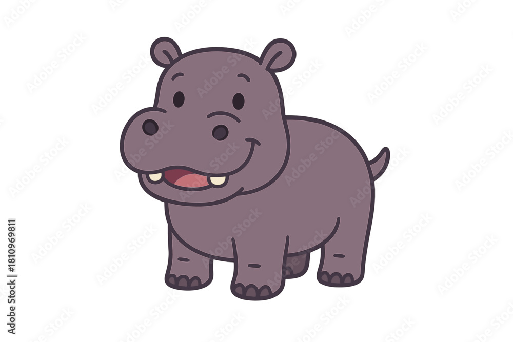 Fototapeta premium Friendly purple hippopotamus character standing and smiling on white background