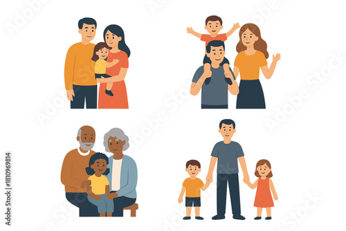 Happy diverse families including parents, children, and grandparents bonding