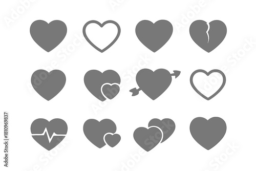 Various heart icons including solid, outline, broken, pierced by arrow, and heartbeat line symbols