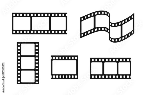 Set of black and white film strip symbols representing cinema, movie production, and photography