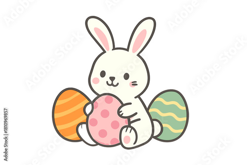 Cute cartoon rabbit character sitting among colorful decorated Easter eggs on a white background