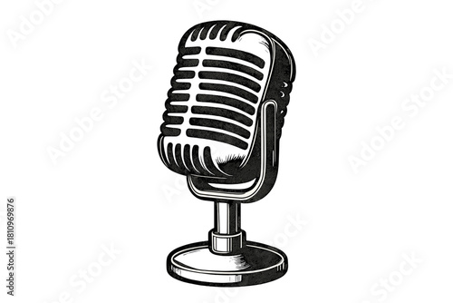 Classic vintage style studio microphone on stand for broadcasting and podcasting