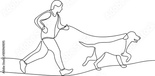 Person running with dog on leash continuous line drawing