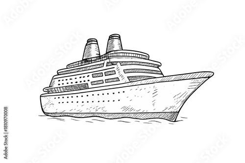 Outline sketch of a large luxury passenger cruise ship sailing on the water