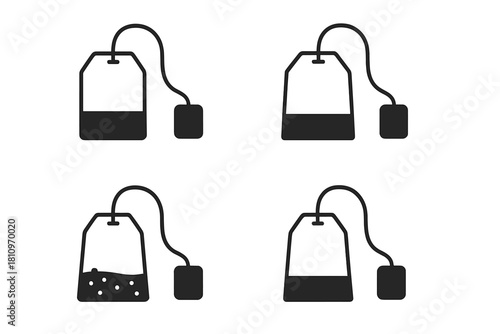 Minimalist black and white tea bag icons showing various liquid levels and brewing states