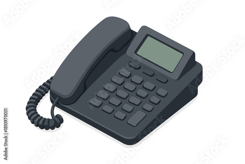 Modern dark gray corded desk phone with display screen and numeric keypad