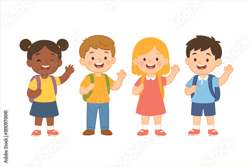 Cheerful diverse elementary students with backpacks standing together and waving hands