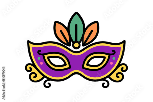 Ornate purple and gold carnival mask with decorative feathers and elegant scrollwork