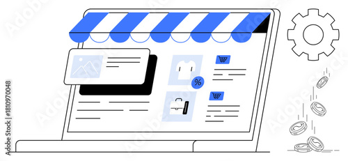 E-commerce website with product display, discount details, and technology gear. Ideal for online shopping, retail, marketing, sales strategy, business setup, technology systems simple flat metaphor