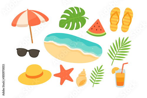 Bright colorful collection of summer vacation and beach holiday elements and tropical accessories