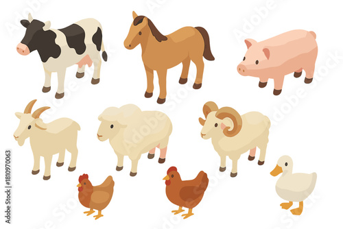 Collection of domestic farm animals and poultry set including cow horse pig sheep and chicken