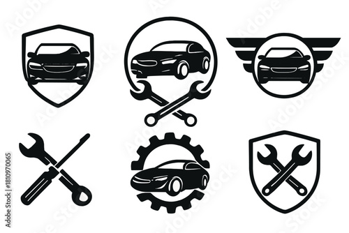 Monochrome set of automotive repair and maintenance emblems featuring modern cars and crossed mechanic tools