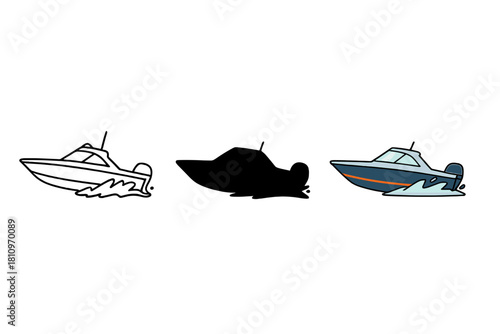 Set of three different style speedboat designs including outline and solid shapes traveling on the ocean waves