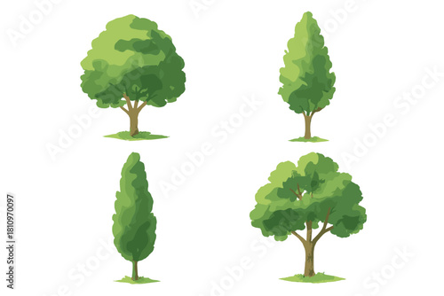 Set of four green deciduous trees with lush foliage and brown trunks in a watercolor style isolated on white