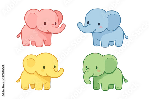 Charming group of four colorful baby elephants with sweet faces and playful trunks