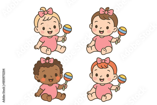 Happy diverse baby girls sitting together and smiling while holding colorful rattles