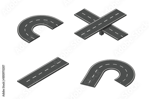 Modular isometric road segments kit with straight, curved, U-turn, and intersection elements for infrastructure