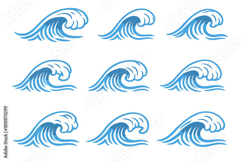 Stylized set of nine blue ocean waves cresting and breaking on a white background