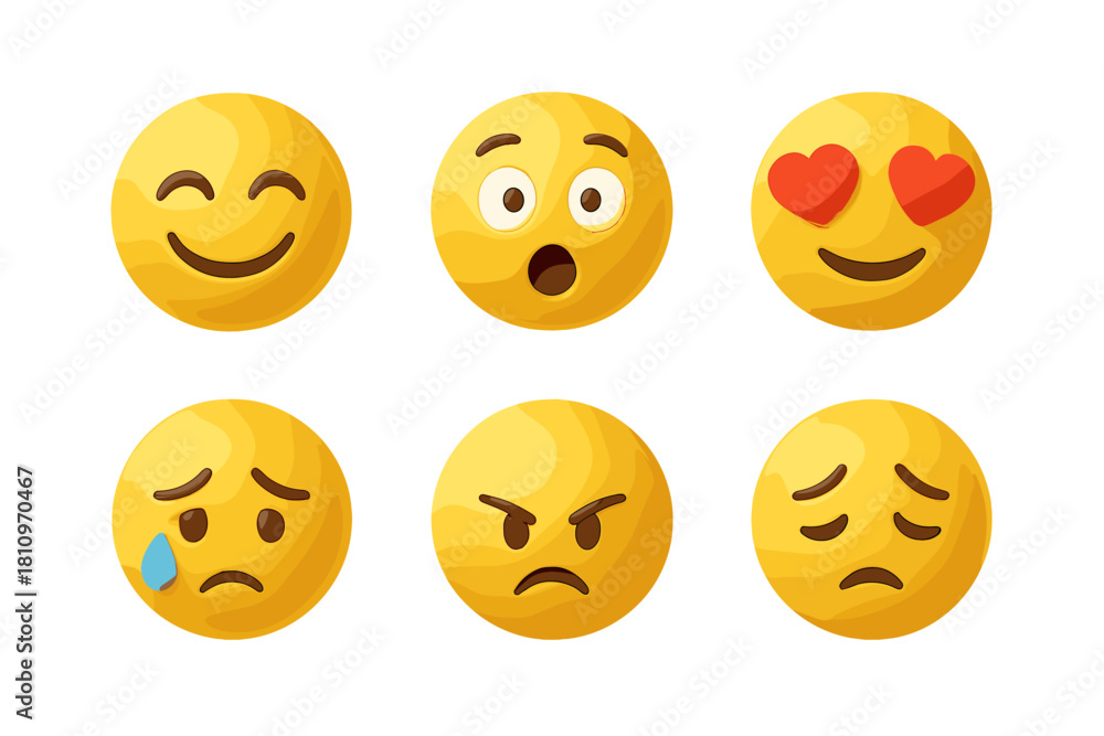Fototapeta premium Set of six yellow emoji faces displaying various human emotions