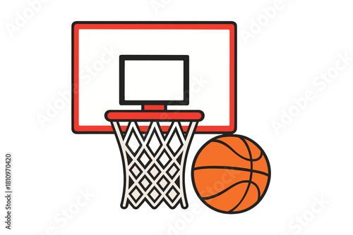 Bright orange basketball and red backboard hoop with net on white background