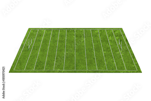 Perspective view of a large green grass sports field with white boundary lines and goalposts