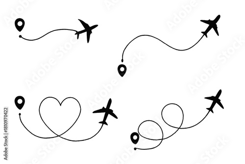 Airplane flight paths tracing routes from a location pin to an aircraft silhouette